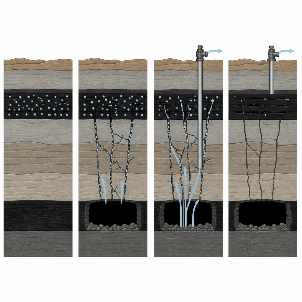 Figure 2. Le fratture generate dallestrazione del giacimento inferiore convogliano il gas fuori dal giacimento superiore, riducendo la pressione e il contenuto di gas allinterno di una zona sicura definita.