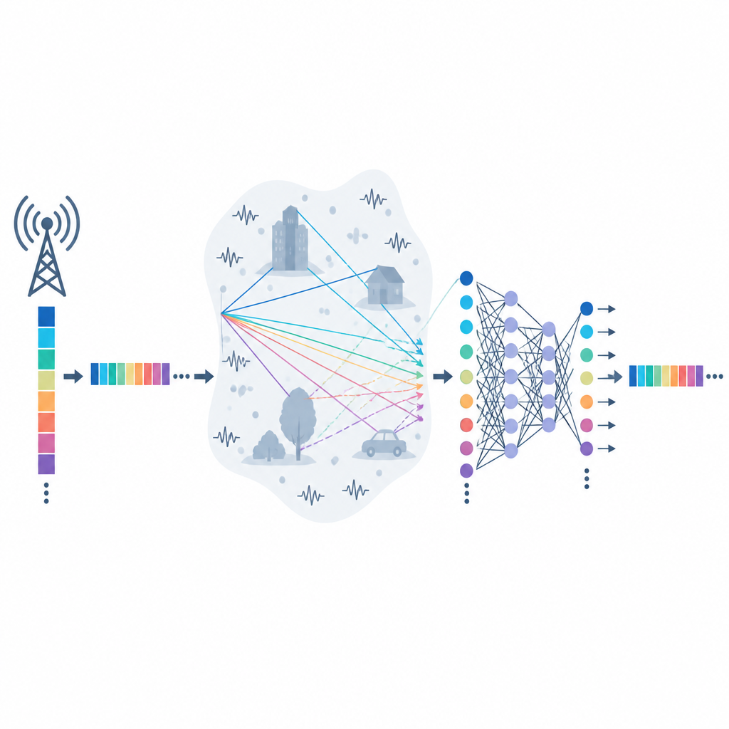Figure 2. Come una rete neurale ripulisce segnali uplink 5G distorti dopo il passaggio attraverso un canale radio rumoroso e riverberante