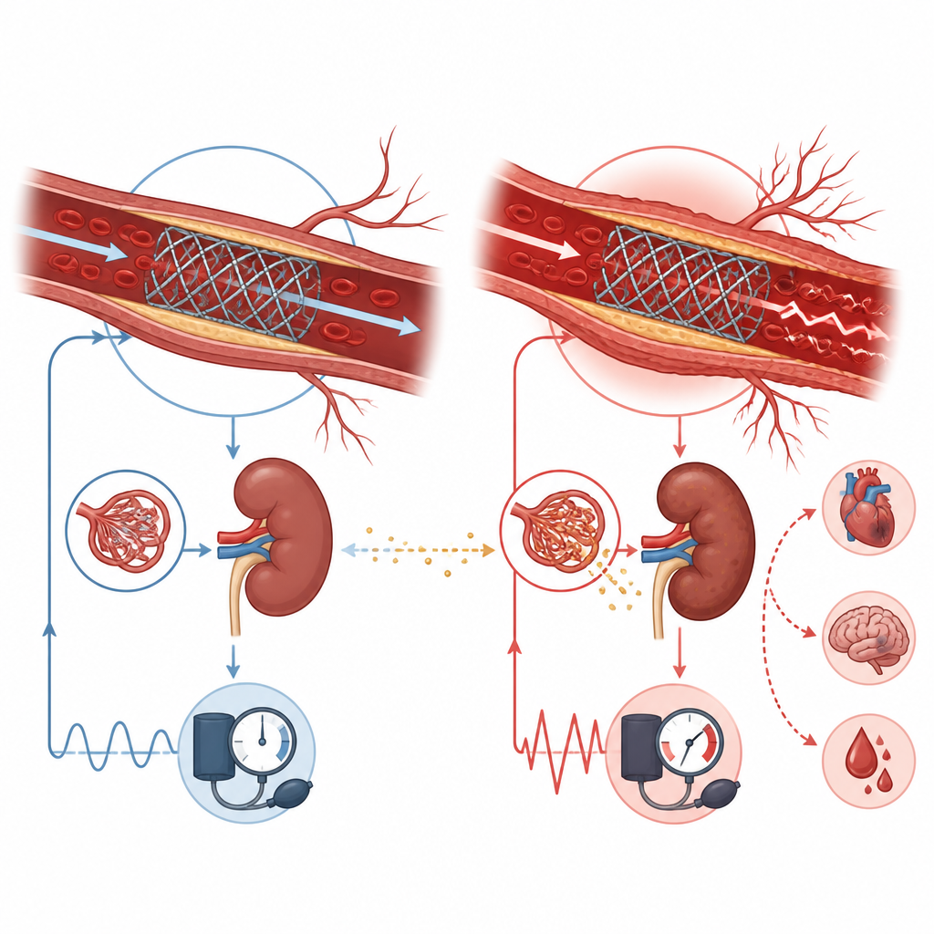 Figure 2. Protein in urine plus big blood pressure swings strain vessels after stenting and connect to more heart, brain, and bleeding events.