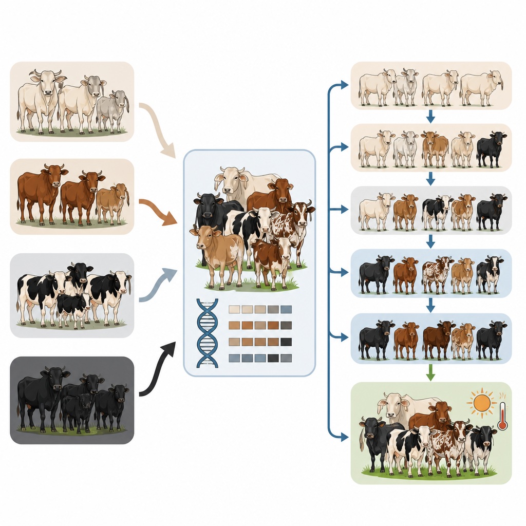 Figure 2. DNA desenlerinin, sığır ırklarının adım adım karışımını ve bunun süt verimi ile ısıya dayanıklılık üzerindeki etkisini nasıl açığa çıkardığını gösteriyor.