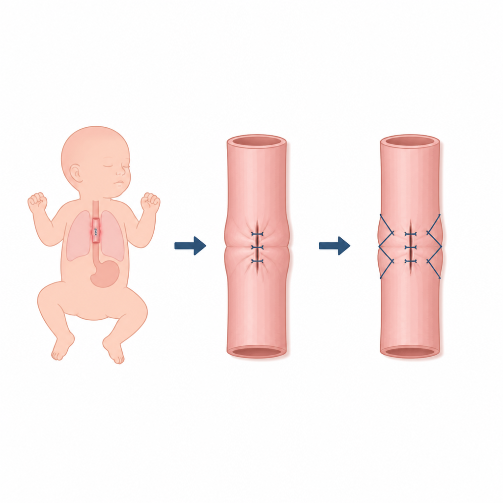 Figure 1. Extra side stitches help protect a newborn’s fragile food pipe repair from tearing under pull.