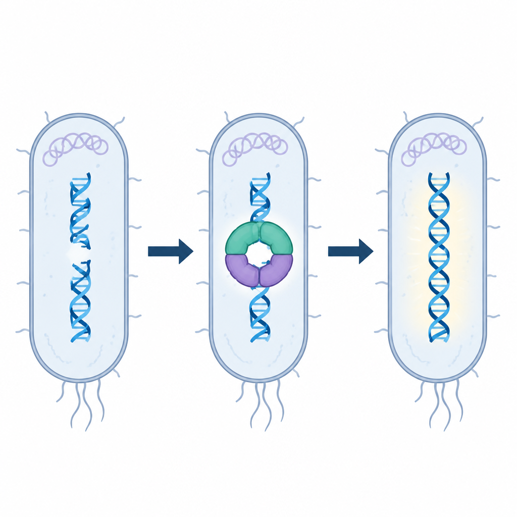 Figure 1. Wie Bakterien Ku und LigD gemeinsam nutzen, um gebrochene DNA-Enden wieder zu verbinden, wenn keine Vorlage verfügbar ist.