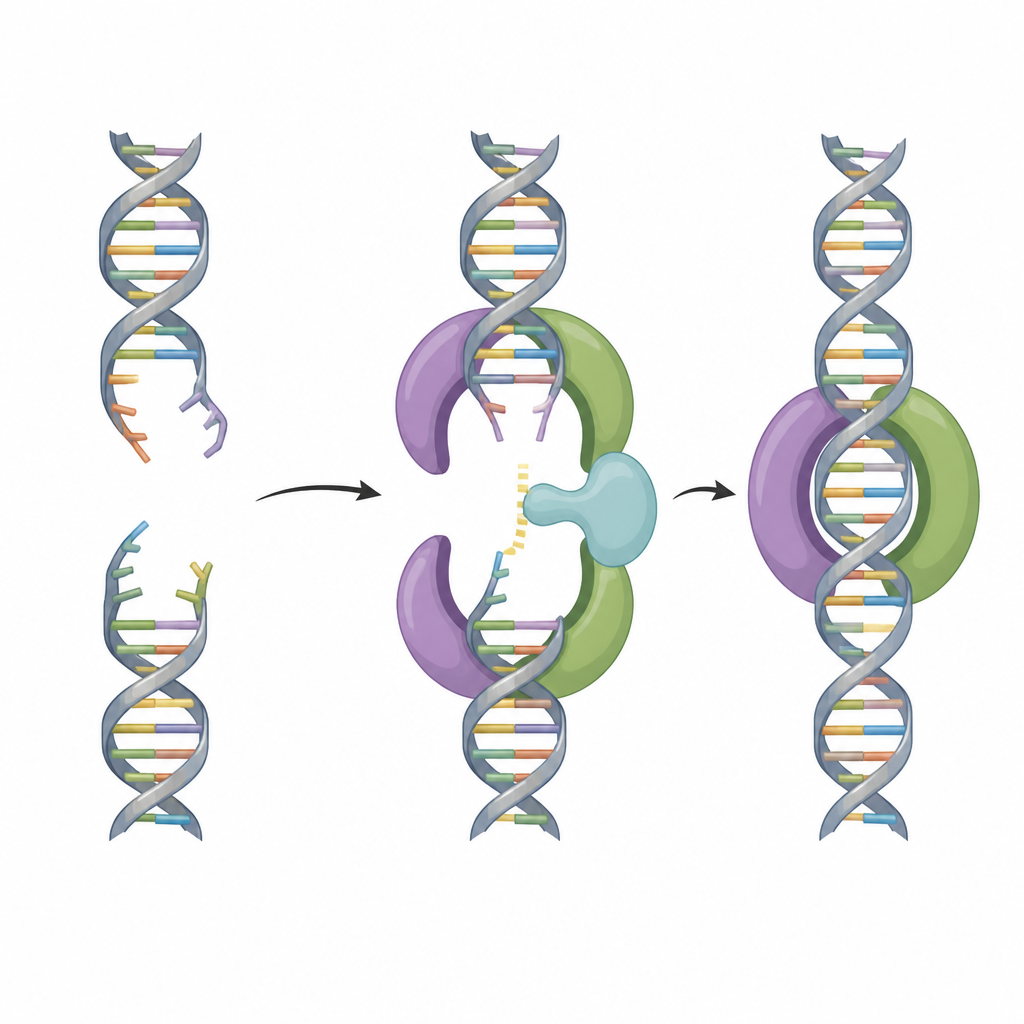 Figure 2. Schrittweiser Ablauf: Ku hält die DNA-Enden, während LigD Schäden entfernt, Lücken auffüllt und einen Doppelstrangbruch versiegelt.
