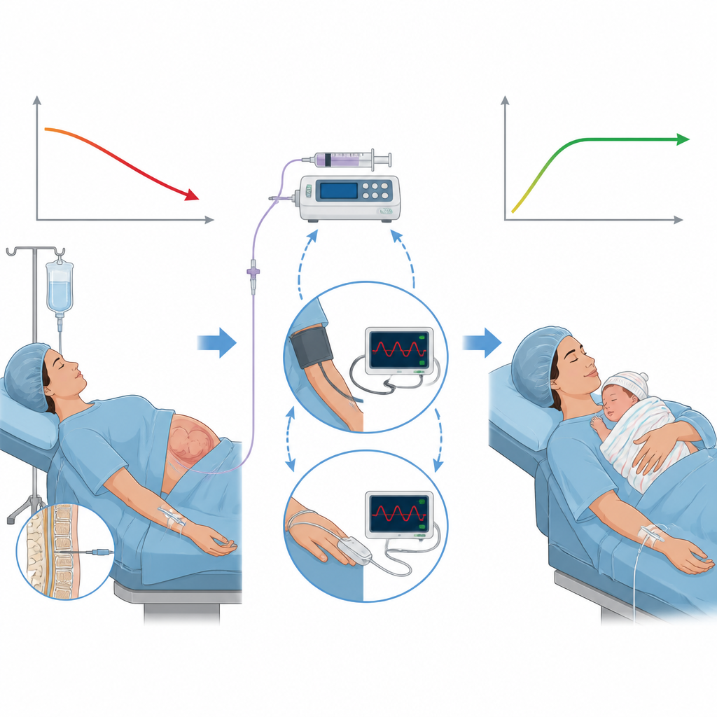Figure 2. Cómo la monitorización y la medicación, combinadas, detectan la caída de la presión arterial y ayudan a estabilizar a la madre y al bebé en la cesárea.