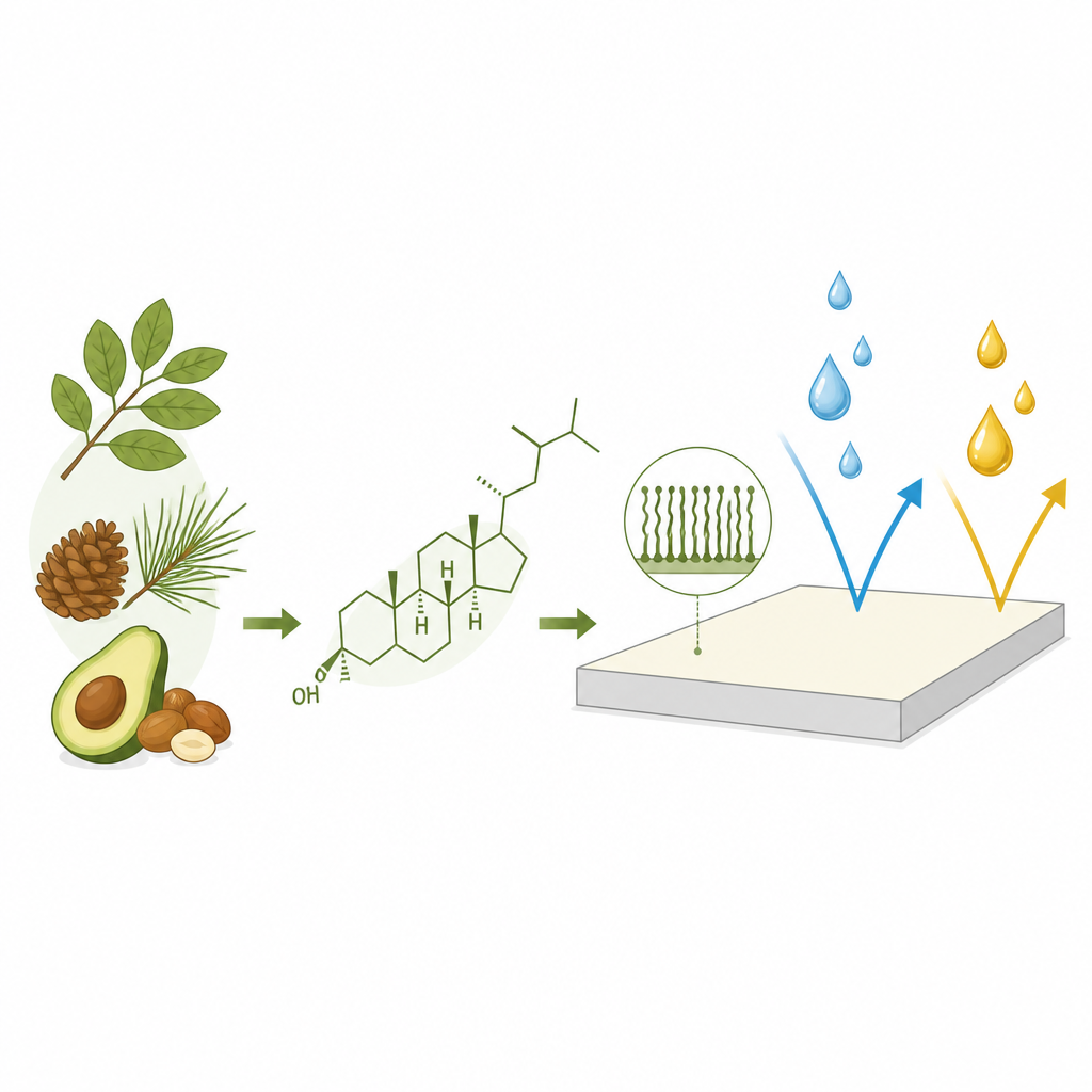 Figure 1. Molecole naturali di piante e animali che formano un sottile rivestimento in grado di far rimbalzare gocce d’acqua e d’olio dalle superfici degli imballaggi.