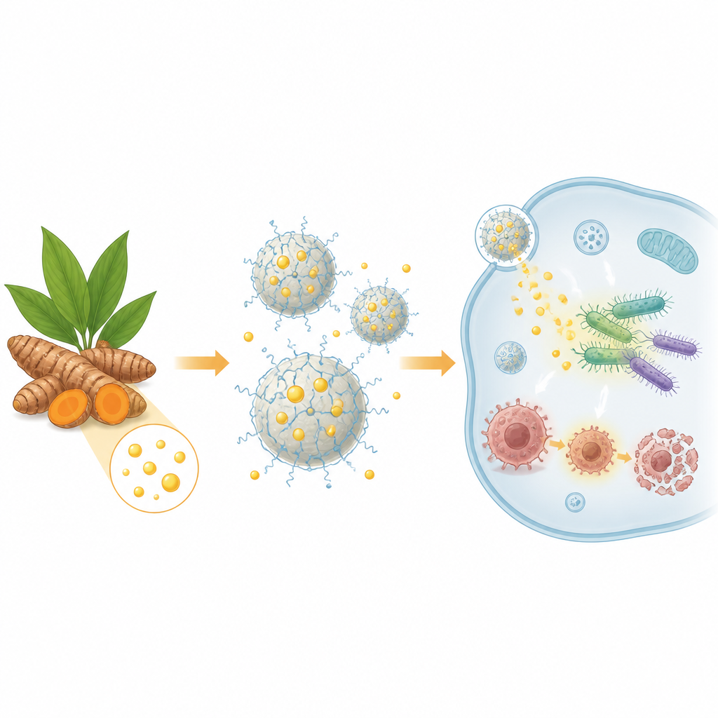 Figure 1. Natuurlijke curcumine verpakt in slimme chitosaandeeltjes om na verloop van tijd kankercellen en schadelijke bacteriën gericht aan te pakken.