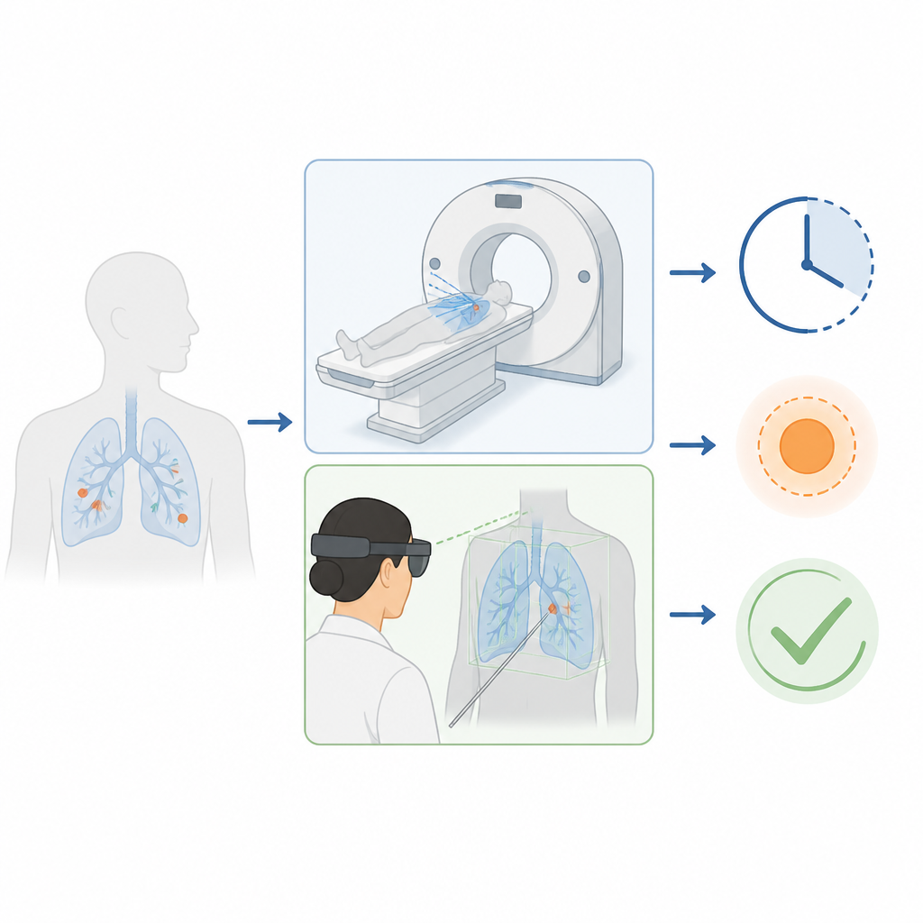 Figure 1. Comparação entre tomografias e orientação por headset para colocar marcadores em pequenos focos pulmonares antes da cirurgia minimamente invasiva.