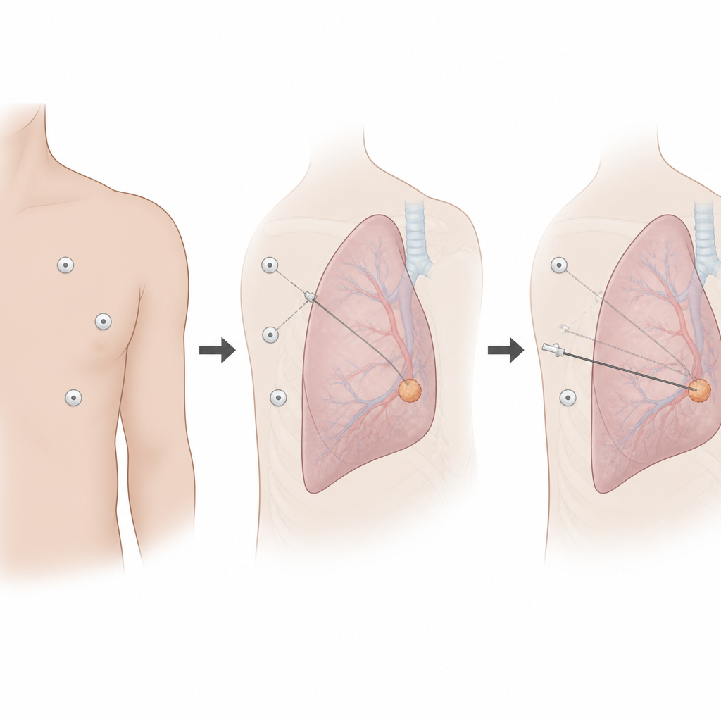 Figure 2. Mostrando como marcadores no tórax e uma sobreposição 3D do pulmão guiam um trajeto preciso e único de agulha até um pequeno nódulo pulmonar.