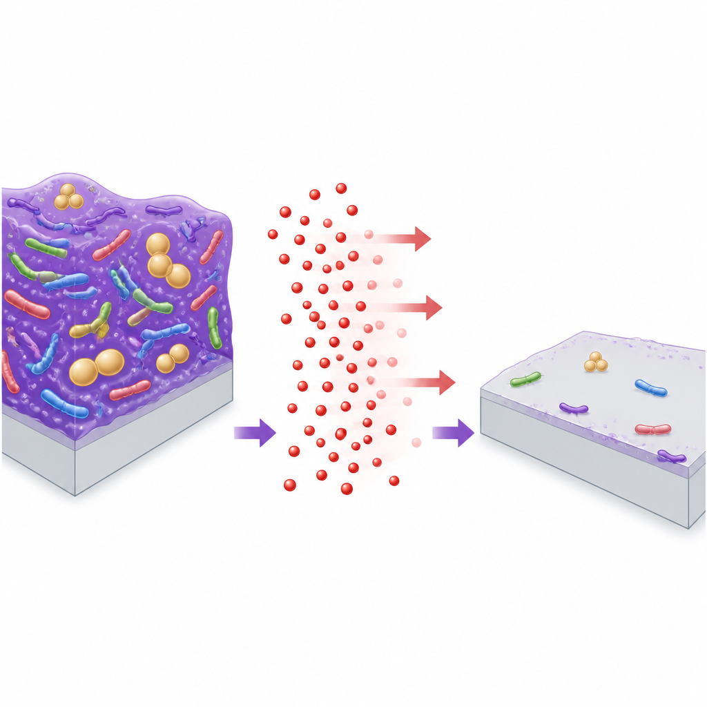 Figure 2. Tiny selenium particles move into slimy germ layers and break them apart, leaving fewer microbes stuck on a surface.