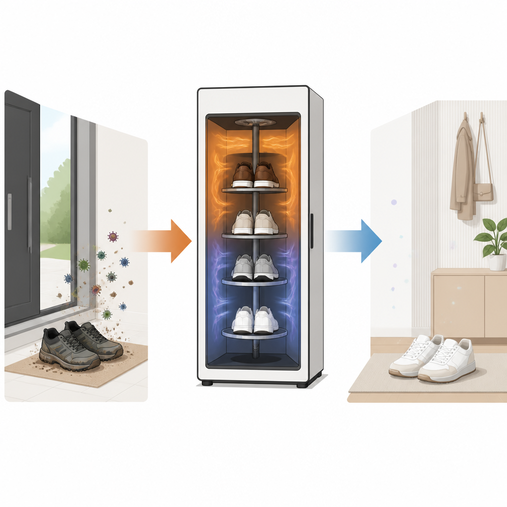 Figure 1. Come una scarpiera intelligente trasforma le scarpe sporche dall’esterno in calzature pulite e ordinate prima che entrino in casa.