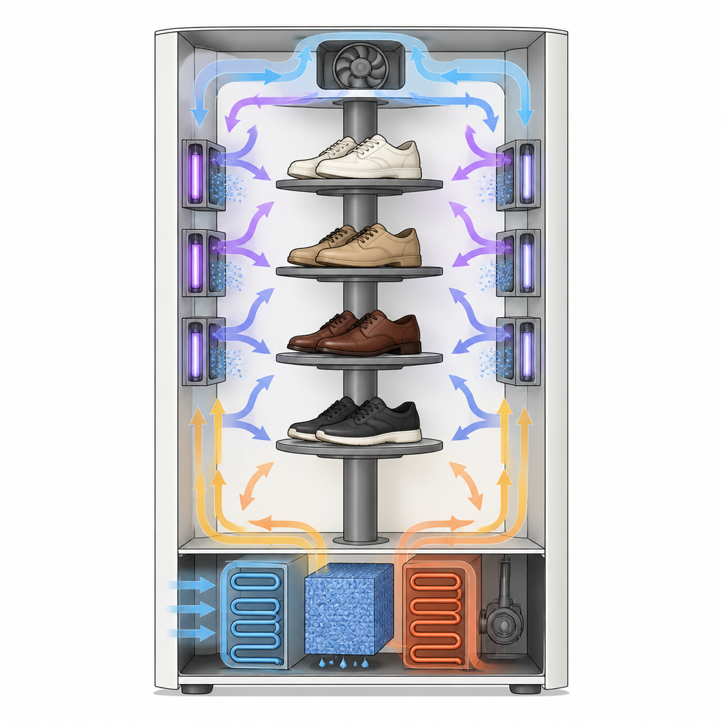 Figure 2. Vista interna di un armadio intelligente che fa circolare l’aria, disinfetta e asciuga le scarpe passo dopo passo in uno spazio compatto.