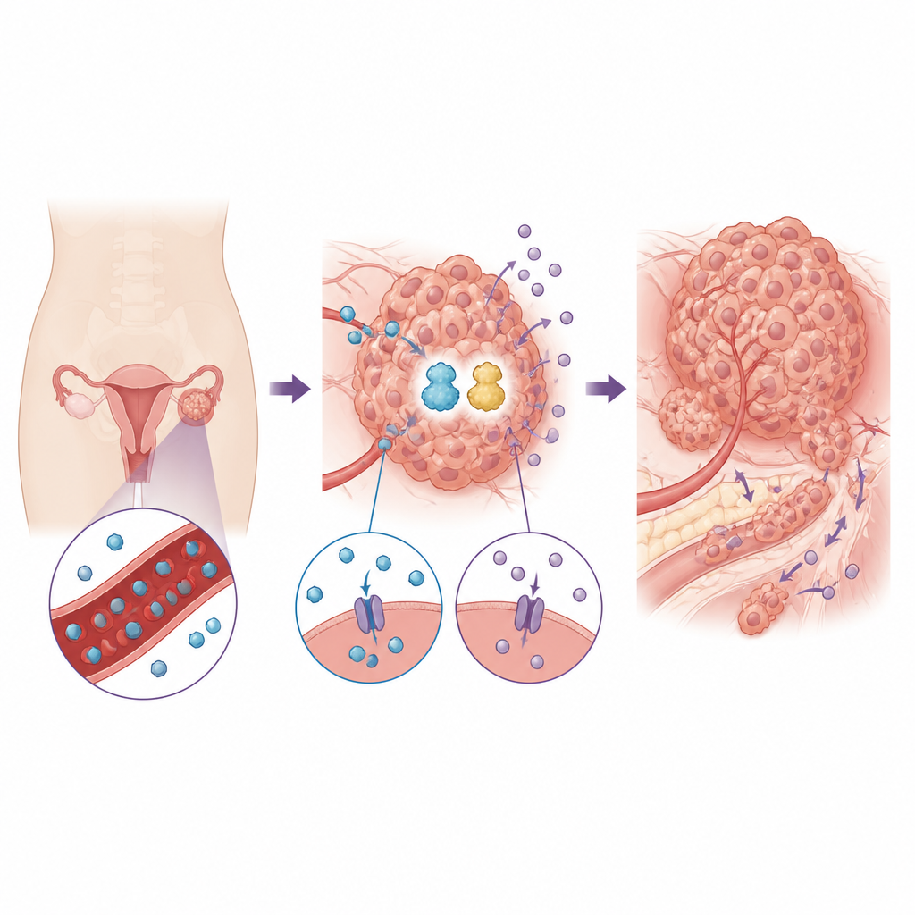 Figure 1. How two protein switches help ovarian tumors burn more sugar and grow faster in the body