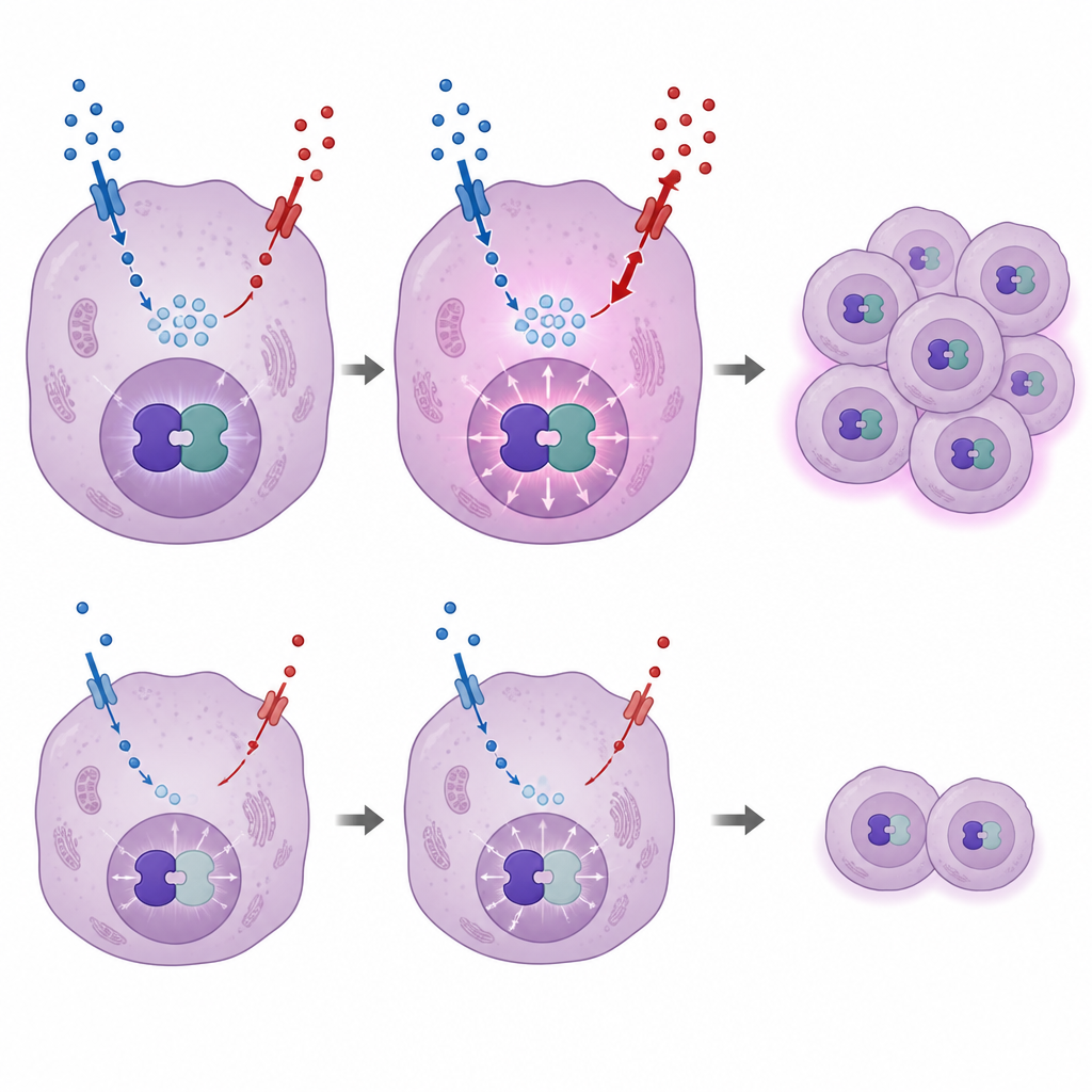 Figure 2. Inside a cancer cell showing how paired switches boost sugar use to drive stronger growth and how turning one down slows it