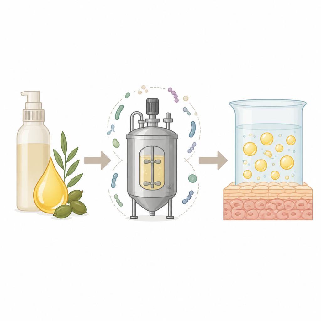 Figure 1. Hautmikroben verwandeln Macadamiaöl in eine selbstmischende, antioxidantienreiche Grundlage für reizärmere Kosmetika.