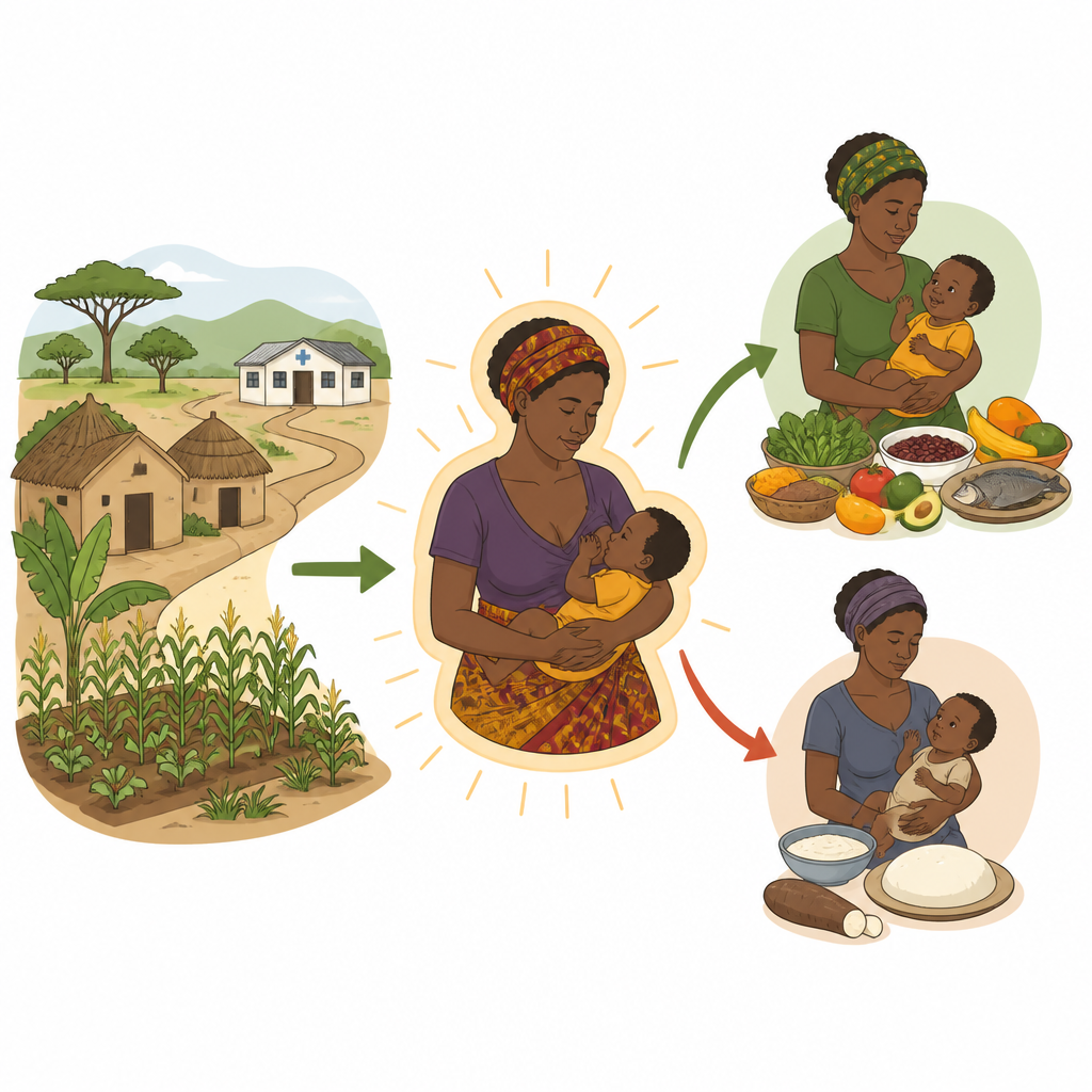 Figure 1. Cómo el entorno del pueblo y el acceso a los alimentos moldean la nutrición de las madres lactantes VIH positivas y sus bebés.