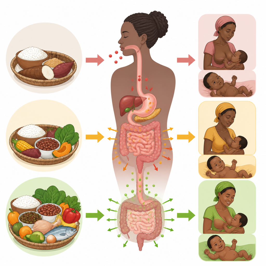 Figure 2. Cómo el cambio de una dieta de baja variedad a una dieta diversa mejora la absorción de nutrientes y la salud en una madre lactante VIH positiva.