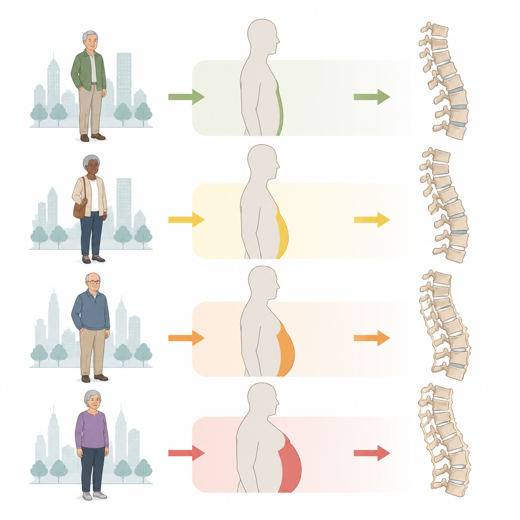 Figure 1. Come la rotondità addominale negli anziani si collega a crescita ossea extra e rigidità lungo la colonna vertebrale.