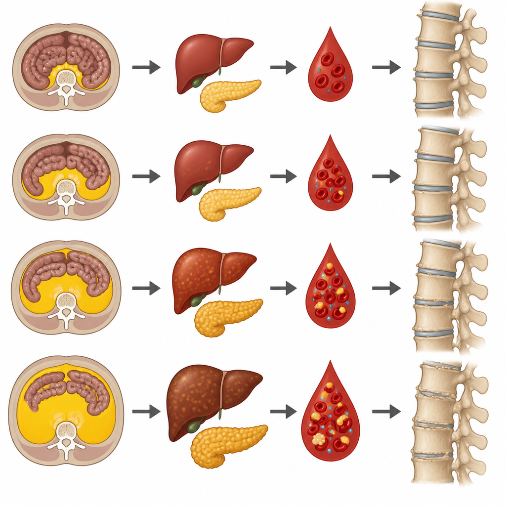 Figure 2. Come l’aumento del grasso profondo addominale può alterare il metabolismo e portare passo dopo passo a crescita ossea extra lungo la colonna vertebrale.