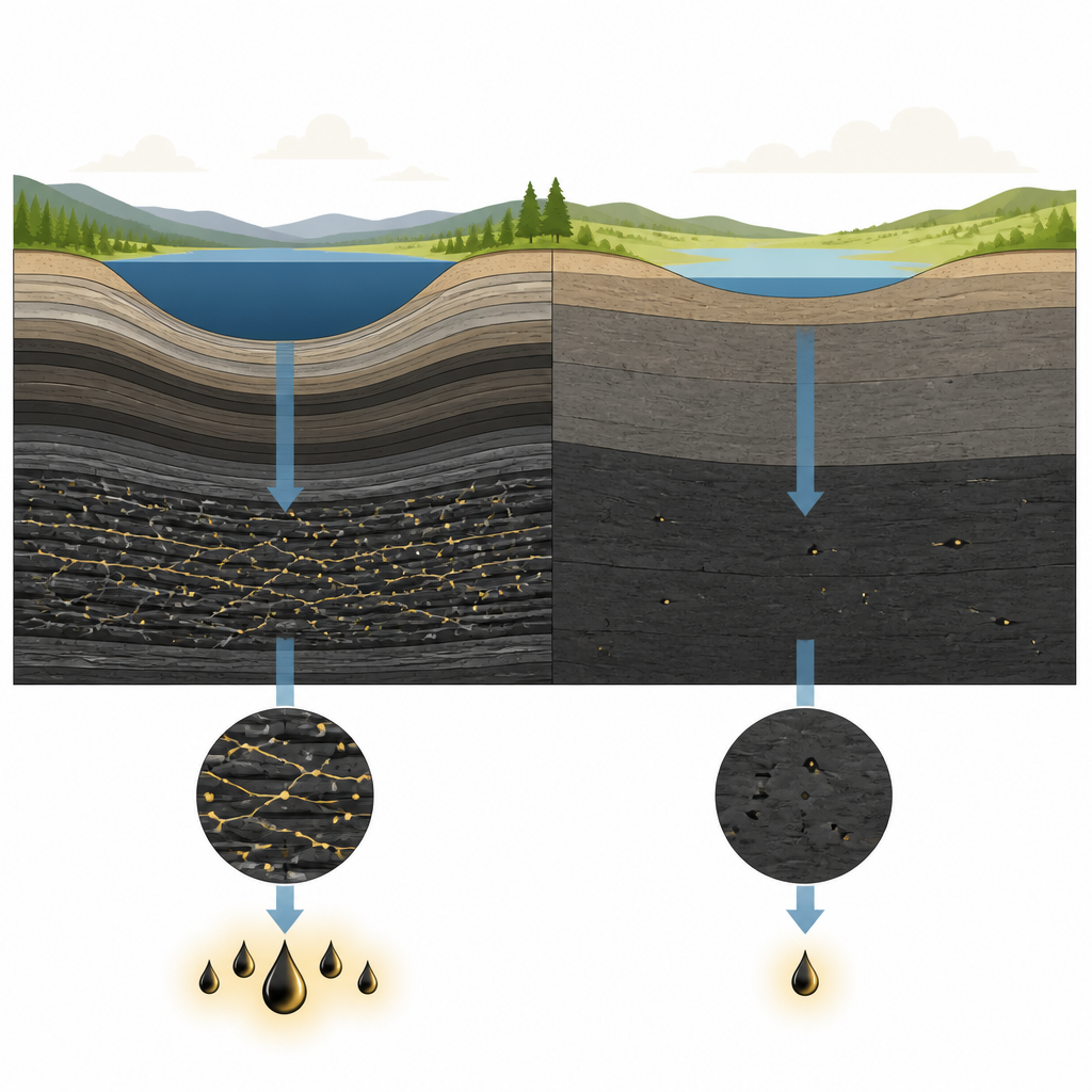 Figure 1. Come due strati di scisto contigui e di età simile producono quantità molto diverse di olio utilizzabile.