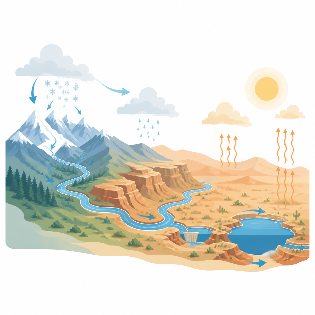 Figure 1. Come la neve sulle montagne del Colorado alimenta il fiume e i bacini che forniscono acqua a milioni di persone a valle.