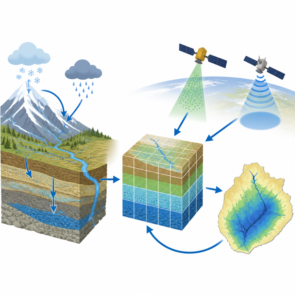 Figure 2. Come dati a terra, modelli al computer e satelliti lavorano insieme per monitorare l’acqua immagazzinata nella neve, nel suolo e negli strati sotterranei.