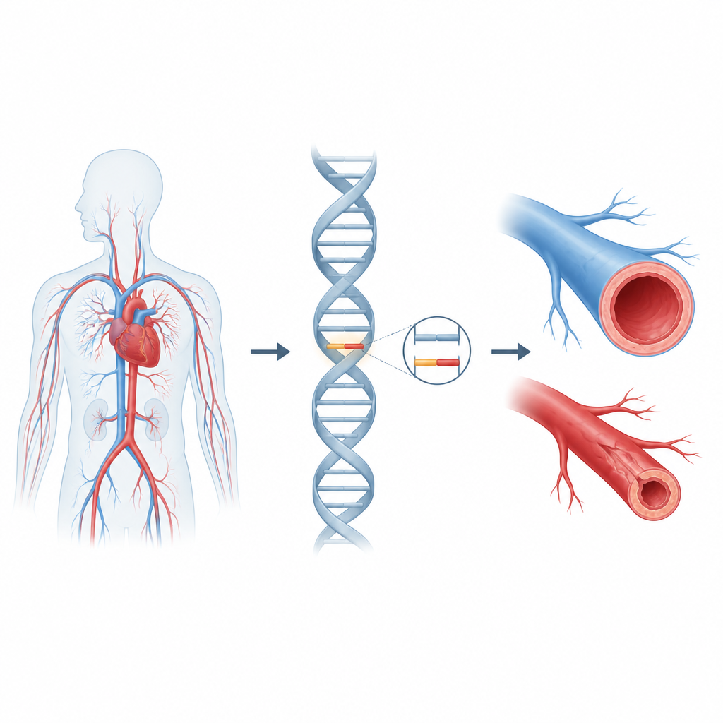 Figure 1. Jak jedna drobna zmiana w DNA może podnieść poziom sygnału powodującego zwężenie naczyń i wpływać na ryzyko chorób serca