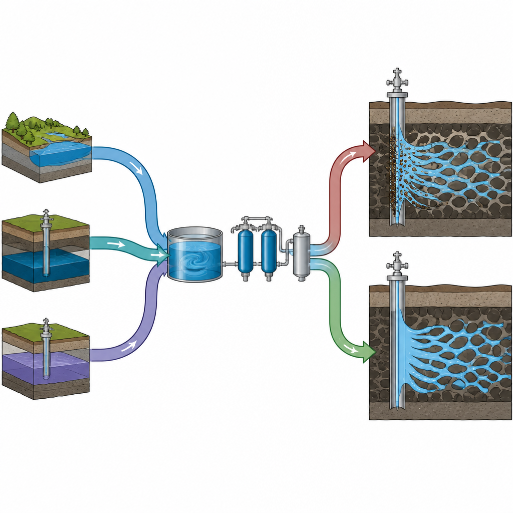 Figure 1. Drei unterschiedliche Wässer werden gemischt und dann behandelt, sodass saubereres Wasser mit weniger verstopfenden Ablagerungen in das Reservoir gelangt.