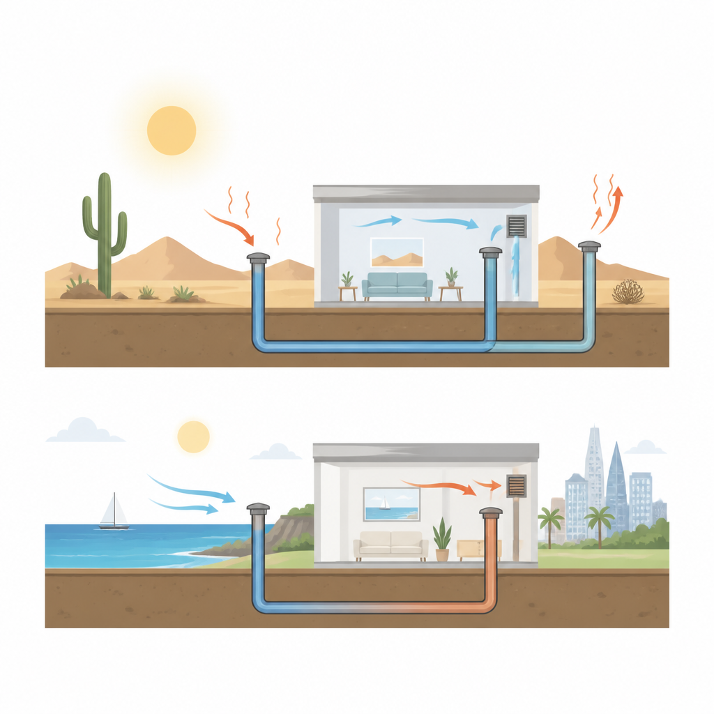 Figure 1. Wykorzystanie zakopanych rur gruntowych do wcześniejszego schładzania lub podgrzewania świeżego powietrza zanim trafi do budynków w gorących i umiarkowanie suchych klimatach.