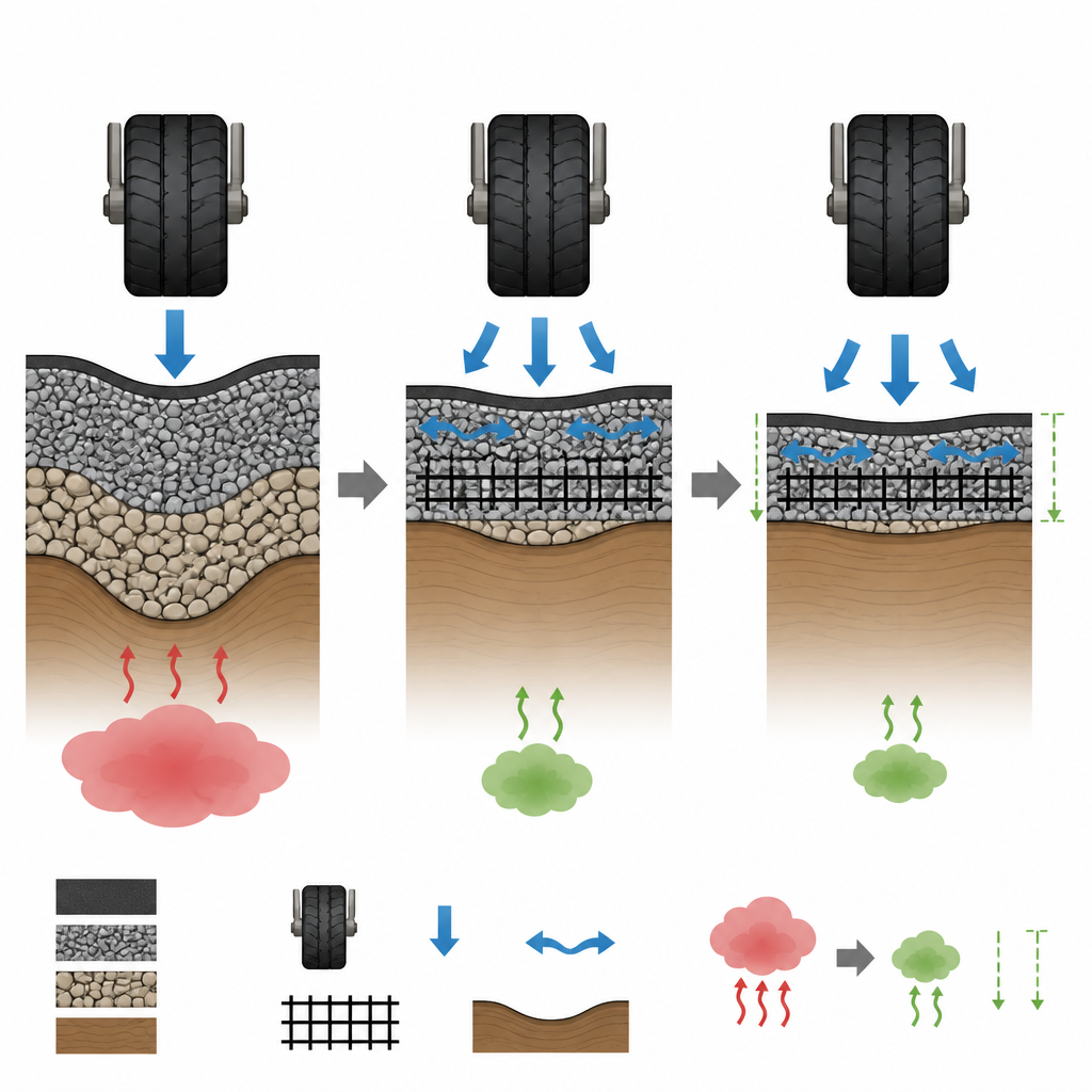 Figure 2. Wie ein Verstärkungsgitter Schichten der Fahrbahn versteift, sodass sie dünner ausfallen können, weniger Asphalt und Schotter benötigen und damit die Emissionen reduzieren.