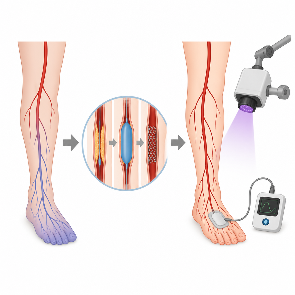 Figure 1. Doktorların tıkalı atardamarları açmadan önce ve sonra bacaktaki kan akışını nasıl kontrol ettiği.