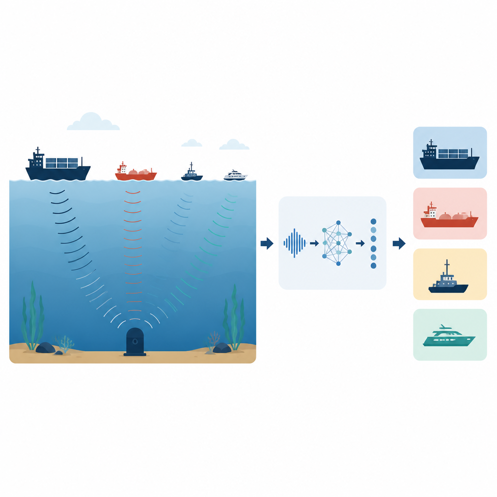 Figure 1. Come un piccolo «orecchio» AI ascolta sotto il mare per distinguere diversi tipi di navi dai loro suoni subacquei.