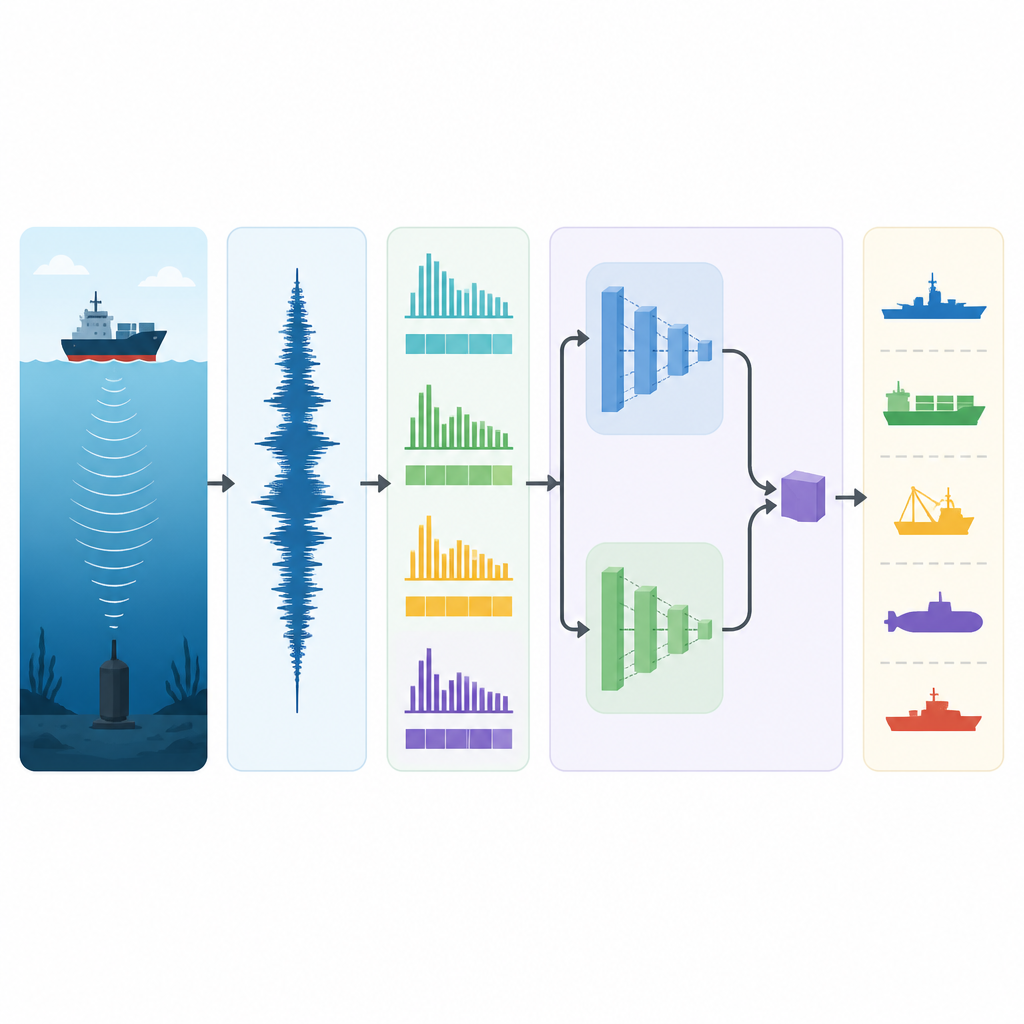 Figure 2. Il percorso passo dopo passo dal rumore grezzo delle navi sottomarine, attraverso l’estrazione delle caratteristiche, fino a un modello di IA che separa le classi di nave.