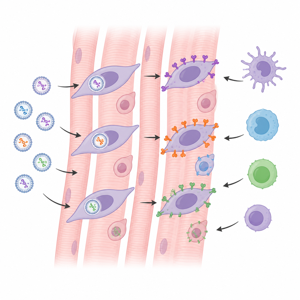 Figure 2. Wie Impfstoffpartikel in Stütz‑Zellen des Muskels gelangen, dort Spike-Protein herstellen und nahegelegene Immunzellen anziehen