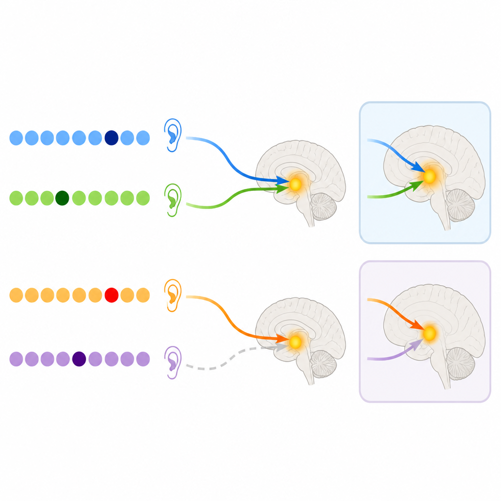 Figure 2. Come l'attenzione su un'orecchia potenzia la risposta cerebrale ai suoni che violano la regola lì mentre annulla le risposte dall'altra orecchia