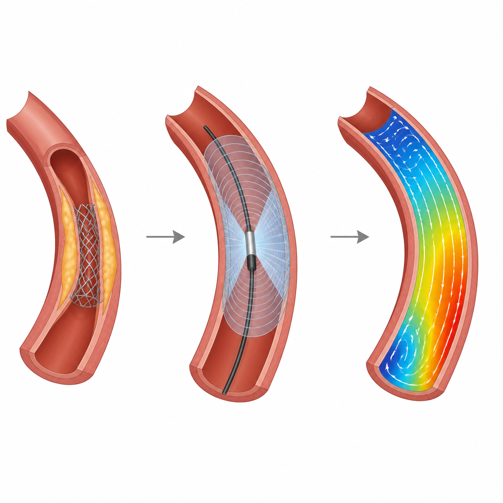 Figure 1. Von der verstopften Arterie zur ultraschallbasierten Karte der Wandreibung um einen Herzstent
