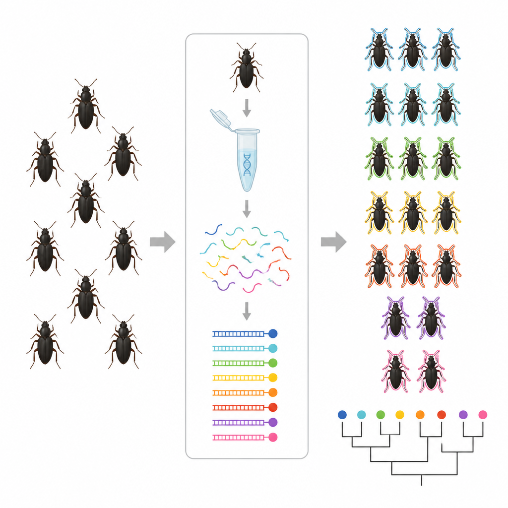 Figure 2. Genomik işaretleyicilerin neredeyse aynı görünen böcekleri, kıyı habitatlarının korunmasını şekillendiren ayrı tür gruplarına nasıl ayırdığı.
