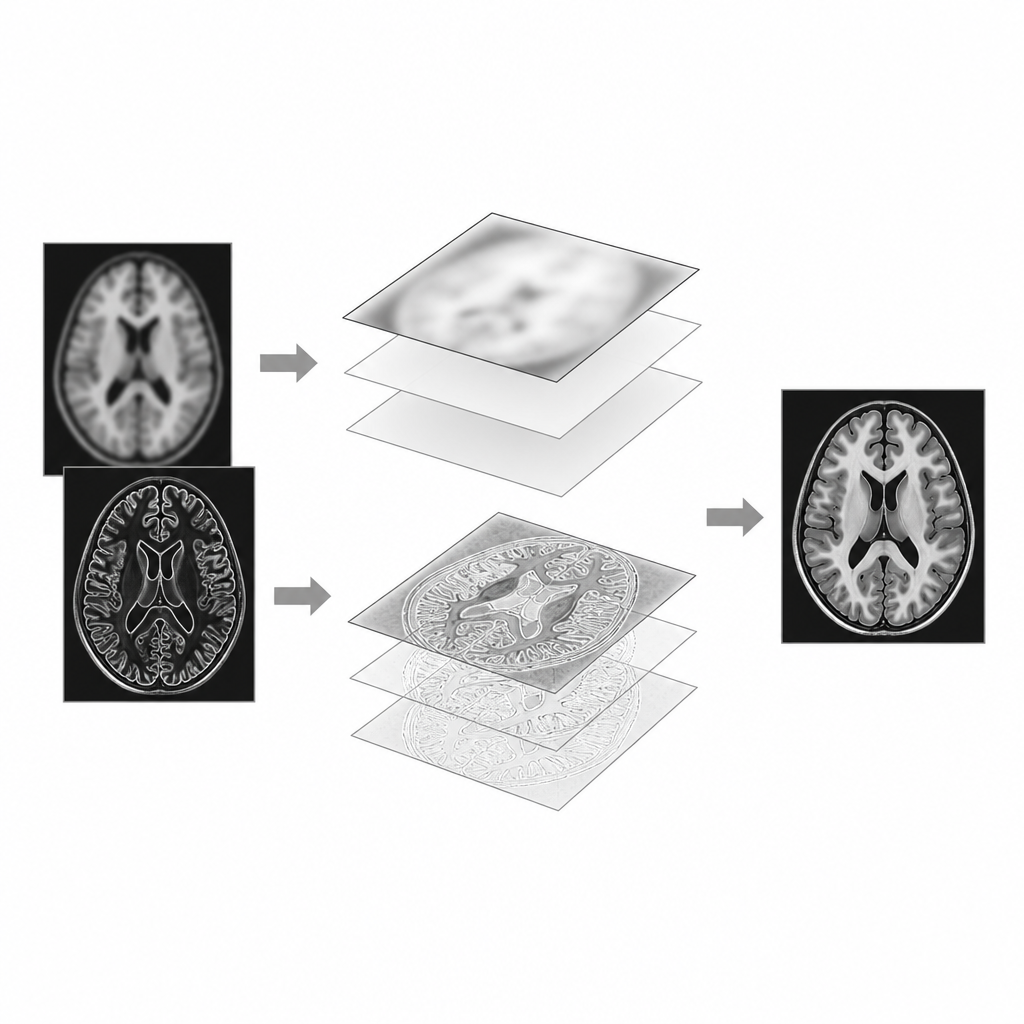 Figure 2. Zerlegung der Bilder in einen glatten Hintergrund und scharfe Details und anschließendes Zusammenführen, um Hirnkanten ohne Artefakte zu verbessern.