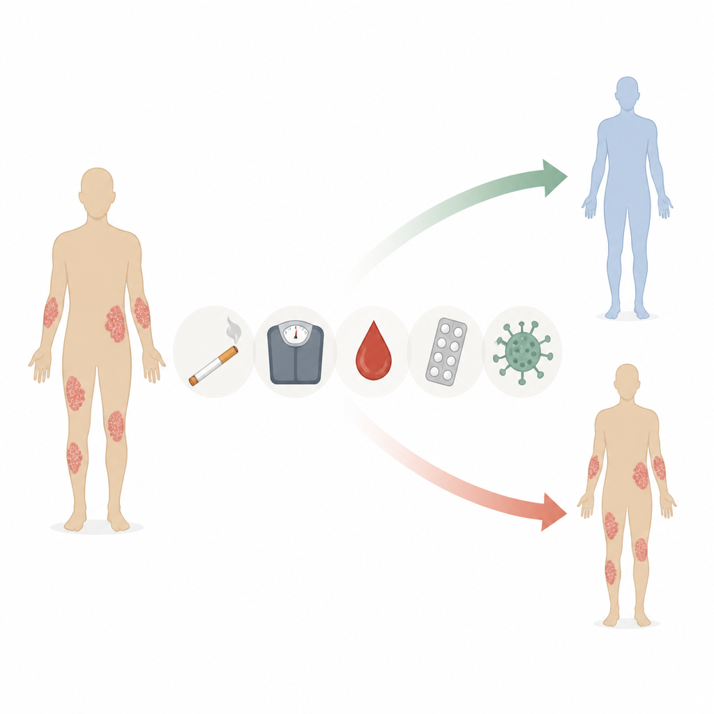 Figure 1. How common health habits and infections affect whether psoriasis stays calm or flares again after treatment.