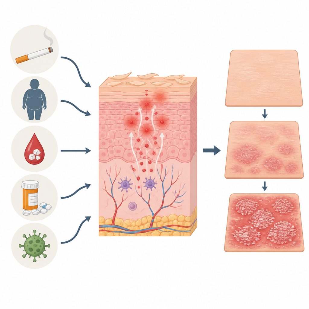 Figure 2. How smoking, weight, diabetes, infections and missed pills combine to spark inflammation and bring psoriasis patches back.