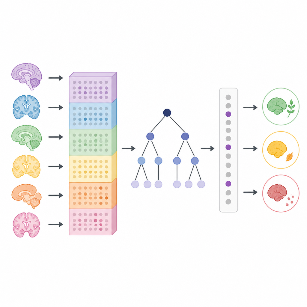 Figure 2. How an AI pipeline turns brain gene data into clear stage specific biomarker patterns for Alzheimer’s disease.