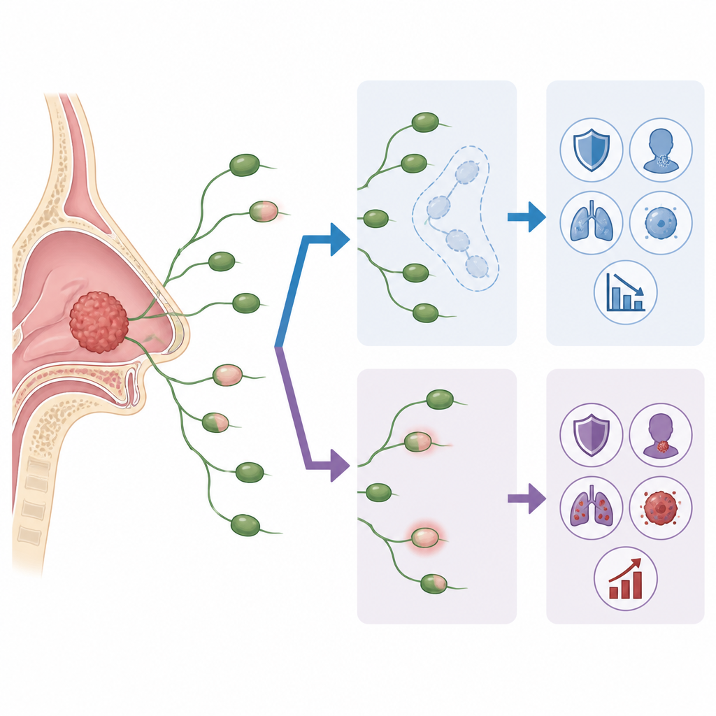 Figure 2. Cosa accade all'interno dei linfonodi del collo quando cellule tumorali nascoste crescono e come la chirurgia può modificare le recidive successive.