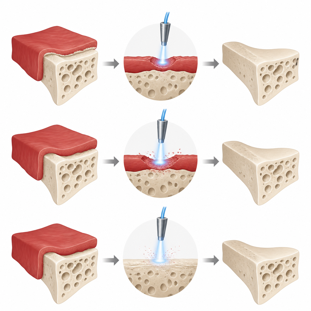 Figure 2. הדפוס הפולסי של הלייזר הכחול משייף את רקמת האוזן החולה שכבה אחרי שכבה בלי לחדור דרך עצם קשה.