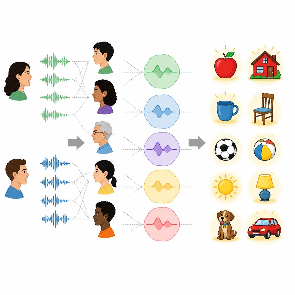 Figure 1. Hoe het op een consistente manier horen van vergelijkbare spraakklanken het brein helpt sneller passende woorden te kiezen in twee talen.