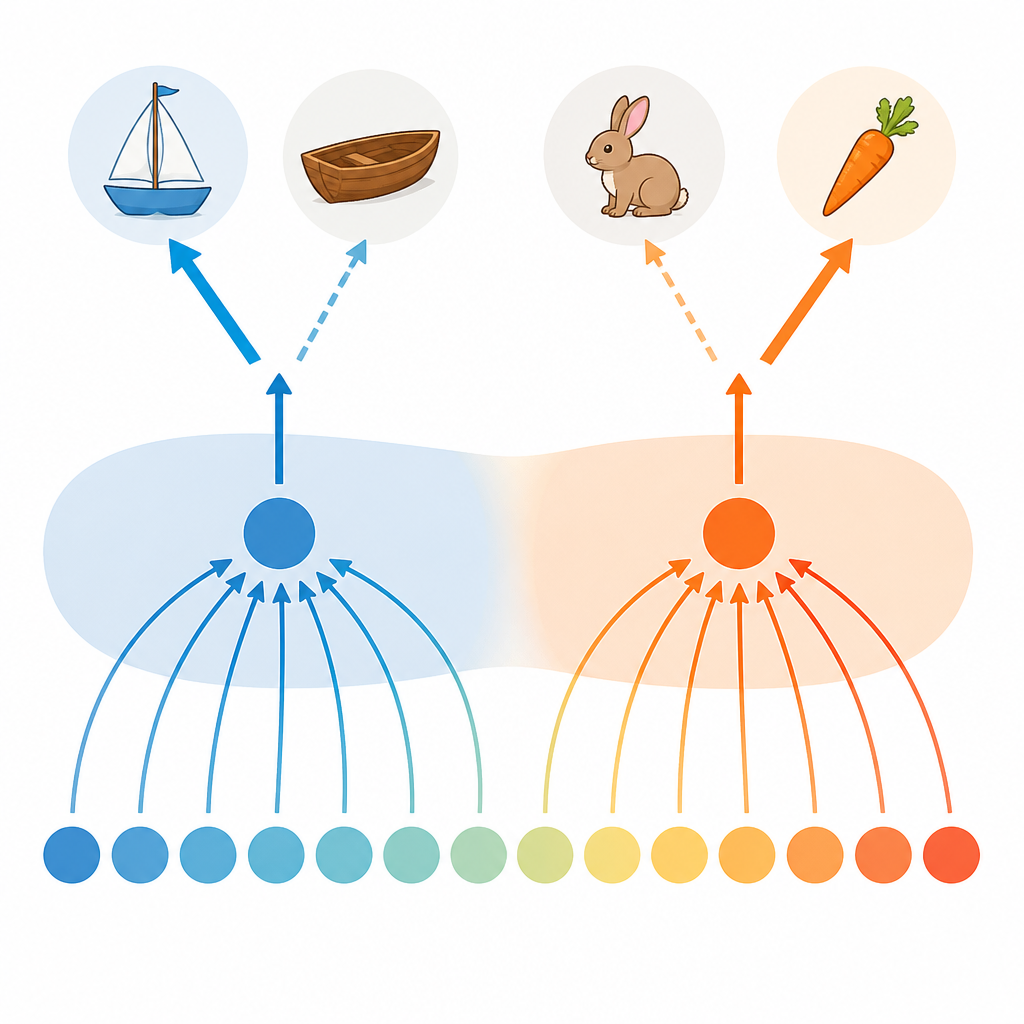 Figure 2. Hoe stabiele klankcategorieën vroege woordkeuzes sturen, terwijl latere correcties steunen op andere luistervaardigheden.