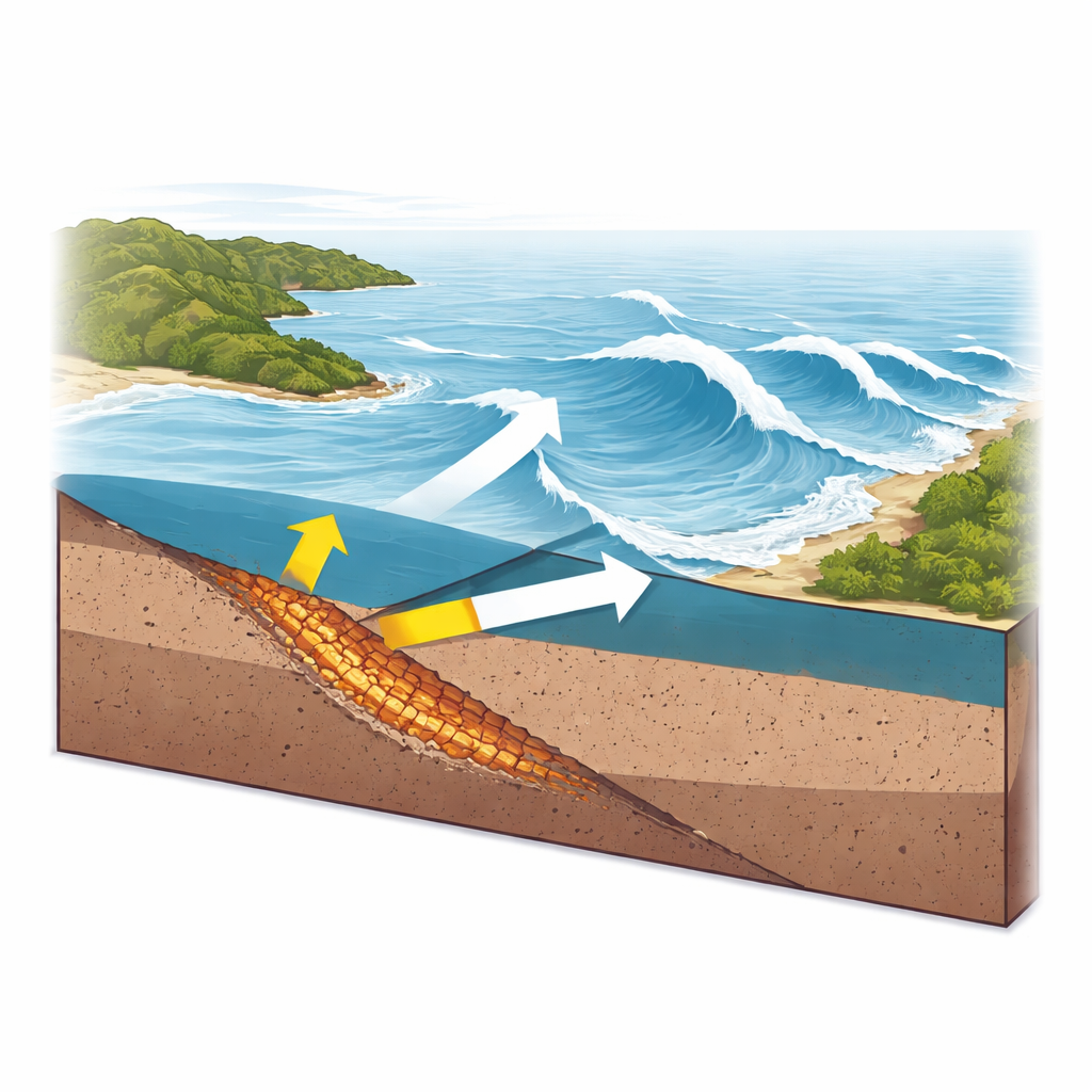 Figure 1. Verborgen offshore breukband onder de kust van Noto tilt de zeebodem op en drijft tsunami golven naar het land.