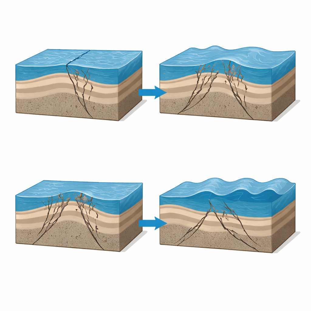 Figure 2. Steile hoofdbreuk en vertakkende scheuren in een smalle beschadigde zone liften plotseling de zeebodem op en vormen tsunamigolven.