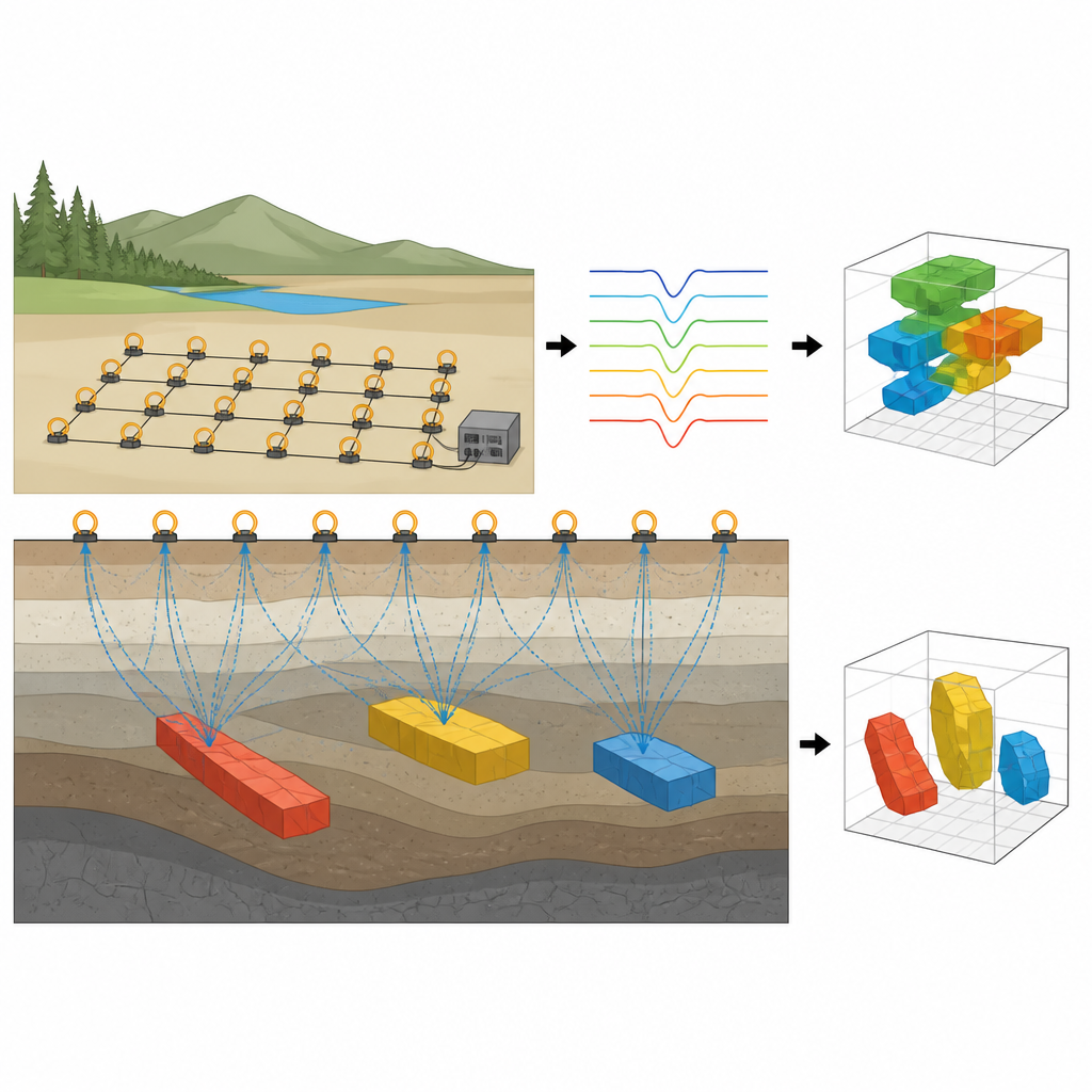 Figure 1. Von oberflächlichen elektromagnetischen Messungen zu einem klaren 3D-Bild verborgener unterirdischer Strukturen.
