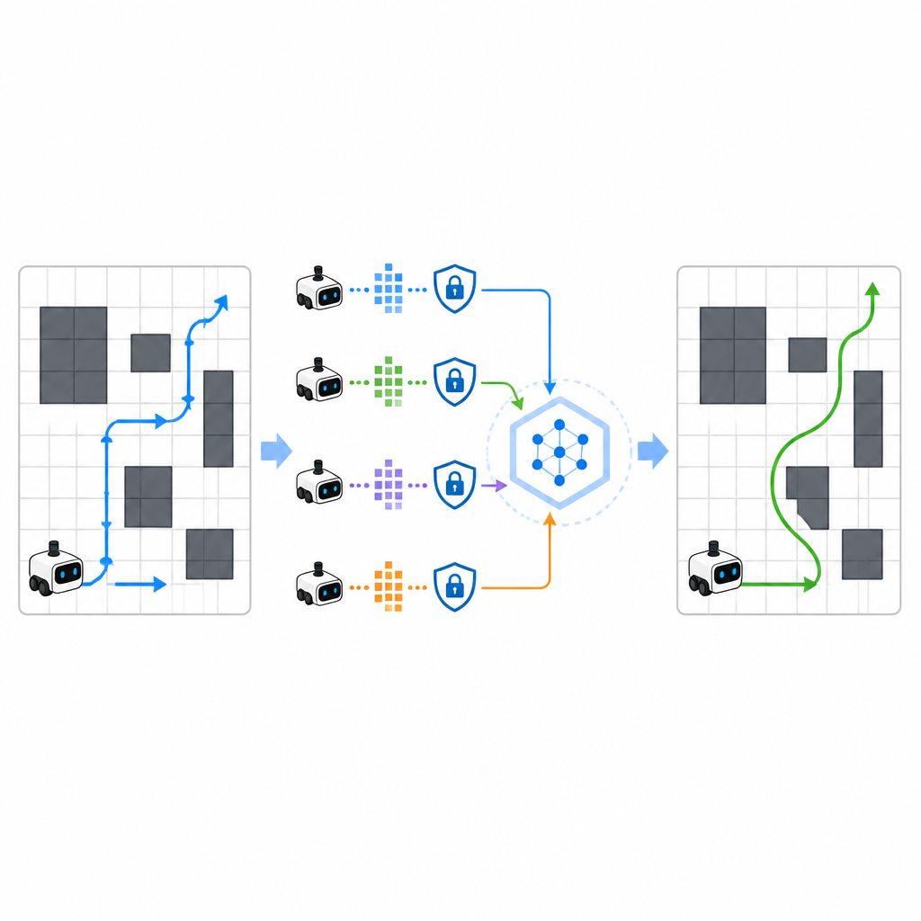 Figure 2. Come l’apprendimento condiviso cifrato trasforma le esperienze rumorose dei robot in percorsi più sicuri ed efficienti attraverso gli ostacoli