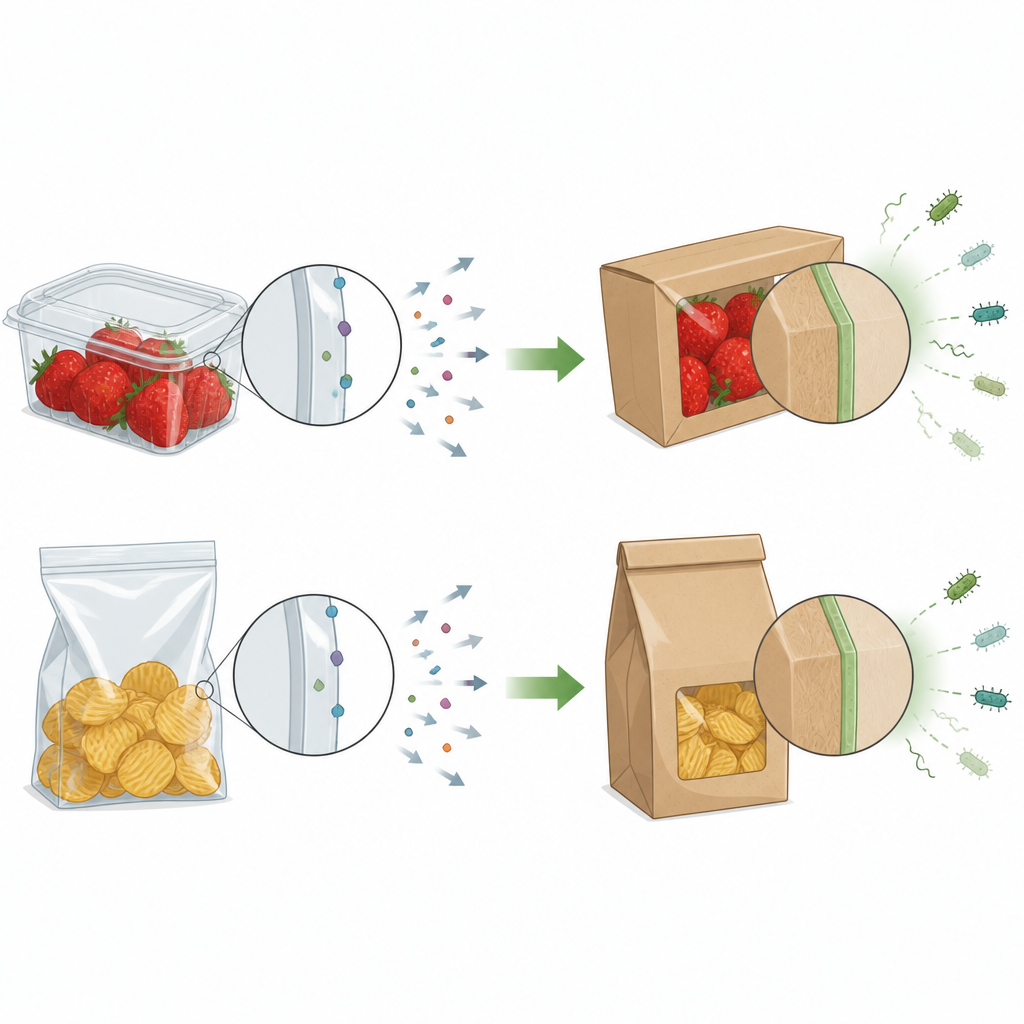 Figure 1. Pflanzenbasierte Papierbeschichtungen können einen Teil der Kunststoffverpackungen ersetzen, während sie Luft abhalten und das Wachstum von Bakterien auf Lebensmitteloberflächen verlangsamen.