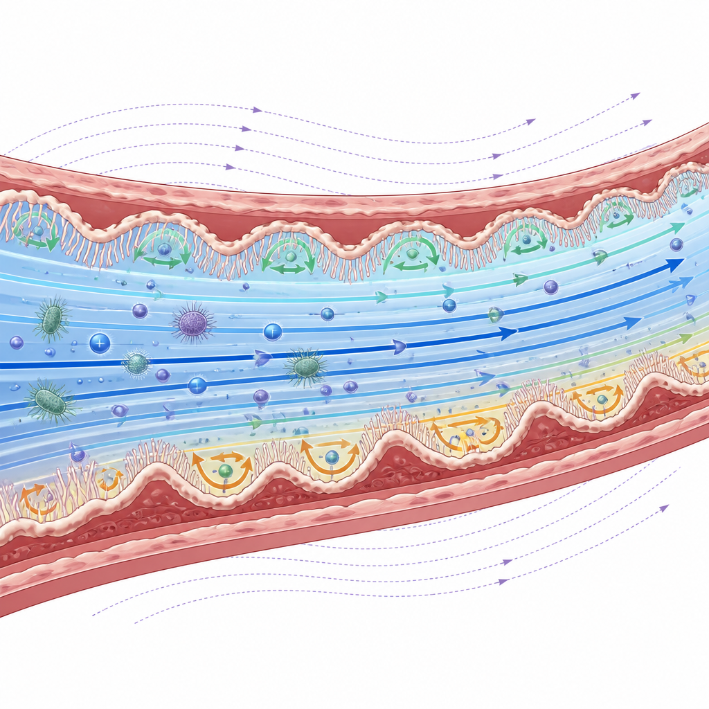 Figure 2. How cilia, wall roughness and magnetically driven forces create fast channels, slow zones and trapped pockets in narrowed arteries.